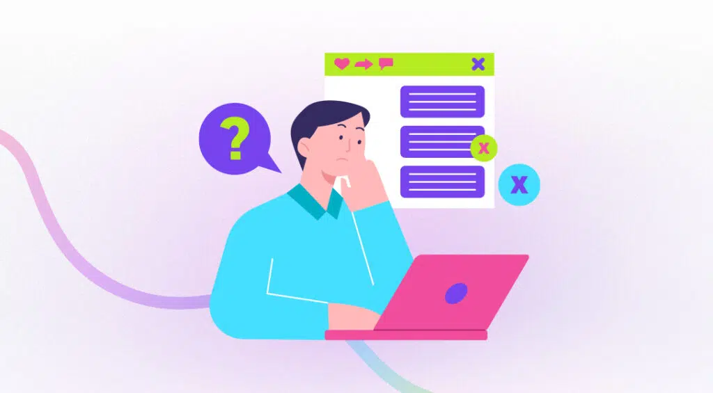 Illustration of a thoughtful person looking at a laptop with a question mark, error icons, and a cluttered digital content dashboard, representing the risks of relying on guesswork instead of a clear AI marketing strategy and data-driven decision-making.
