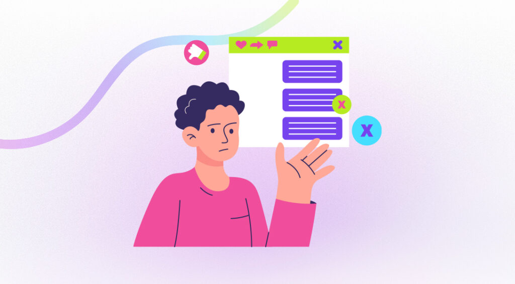 Illustration of a frustrated person reviewing repetitive digital content with error and warning icons, representing the limitations of basic AI prompt packs and the need for a complete AI-driven marketing strategy and execution platform.