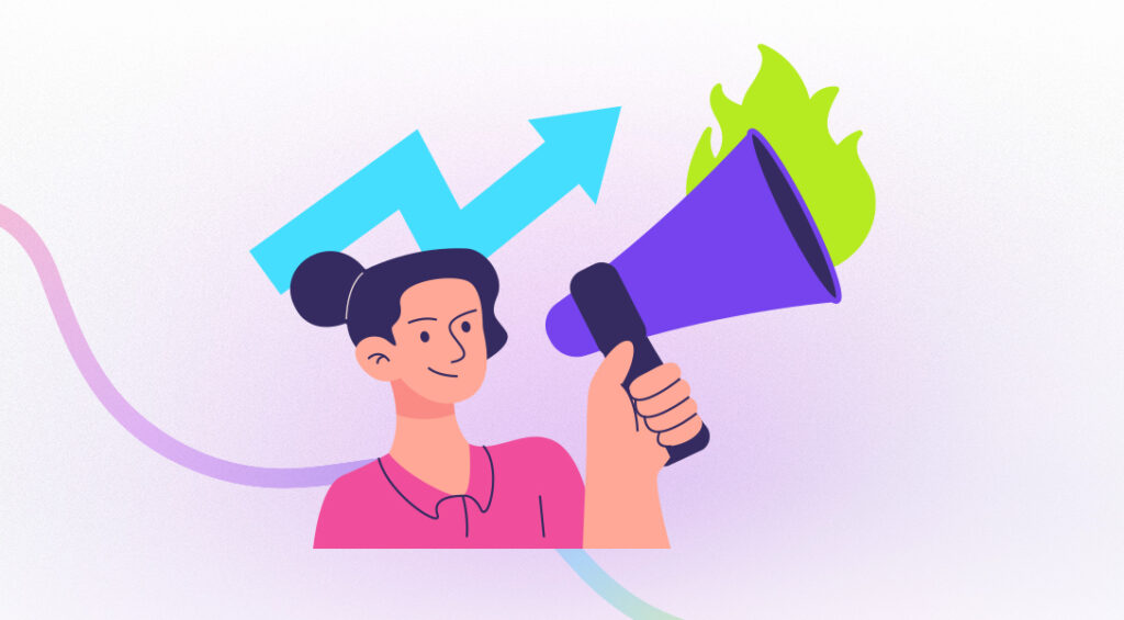 Illustration of a woman holding a bold megaphone with a flame effect and upward arrow, symbolising standing out from generic AI-written content by amplifying a unique brand voice and driving standout results.