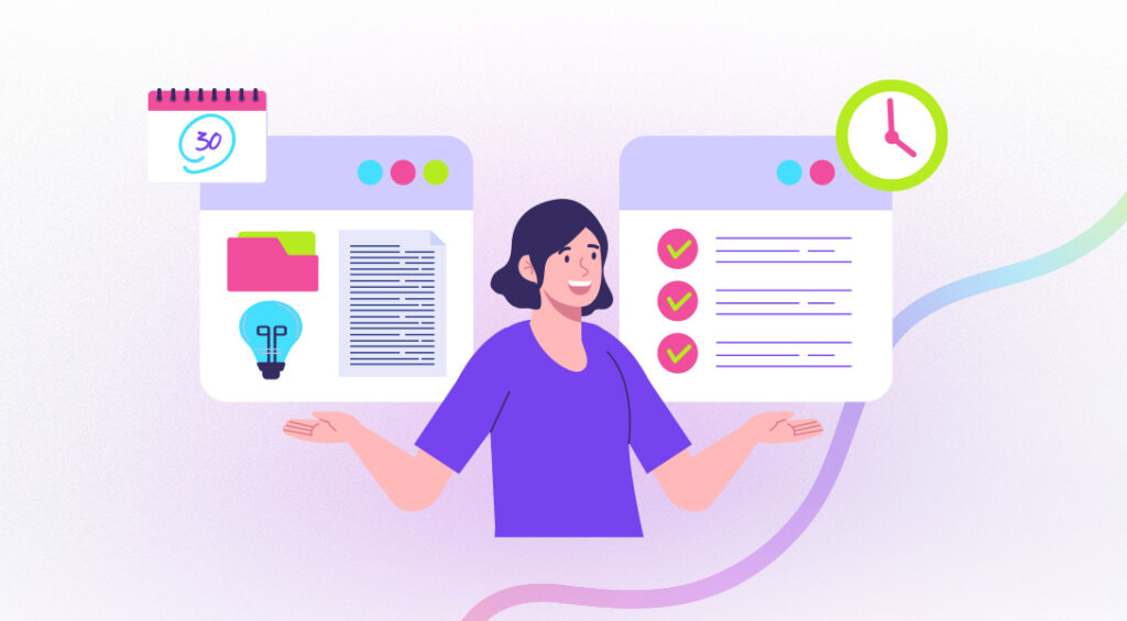 Illustration of a woman managing two digital workflow dashboards, one showing content ideas, files, and planning tools, and the other displaying completed tasks and scheduling, representing marketing workflows that can be streamlined with an AI-powered marketing platform in the first 30 days.