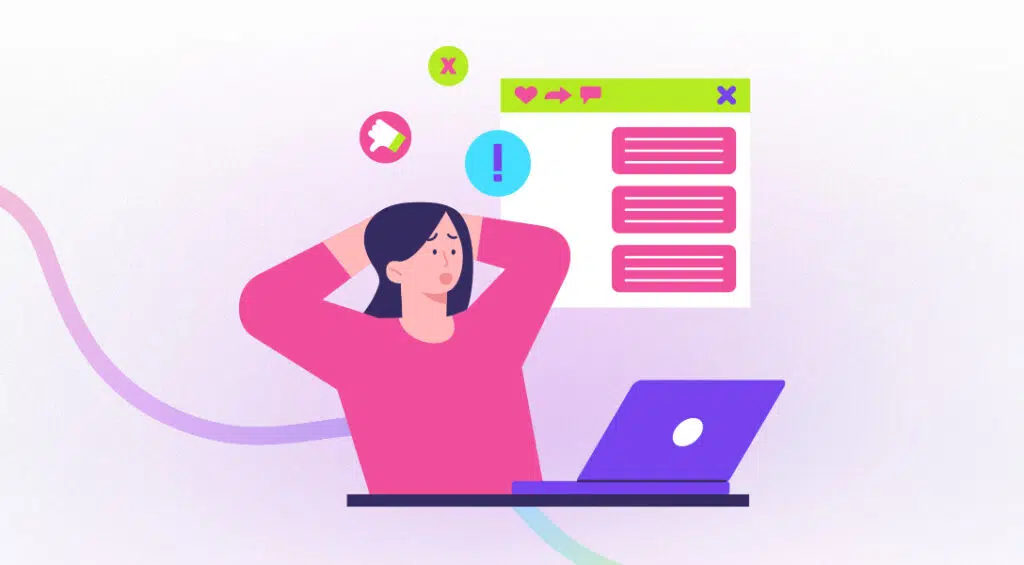 Illustration of a stressed woman sitting at a laptop with warning, error, and thumbs-down icons surrounding a cluttered digital content dashboard, symbolising an inefficient AI stack that creates confusion, poor performance, and workflow bottlenecks.