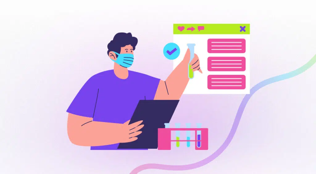 Illustration of a person conducting experiments with test tubes while using a tablet, alongside a digital workflow dashboard with a completed task indicator, symbolising transforming disconnected AI experiments into a structured, repeatable ai marketing system.