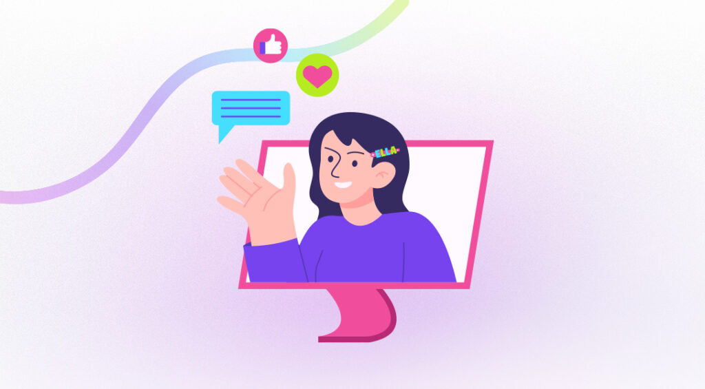 Illustration of a smiling woman waving from inside a computer monitor, with social media icons like a thumbs-up, heart, and chat bubble floating above, representing AI-powered marketing support and engagement.