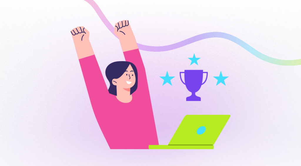 Illustration of a woman celebrating with both arms raised while working on a laptop, with a trophy and stars beside her—symbolising success through AI marketing for small business.
