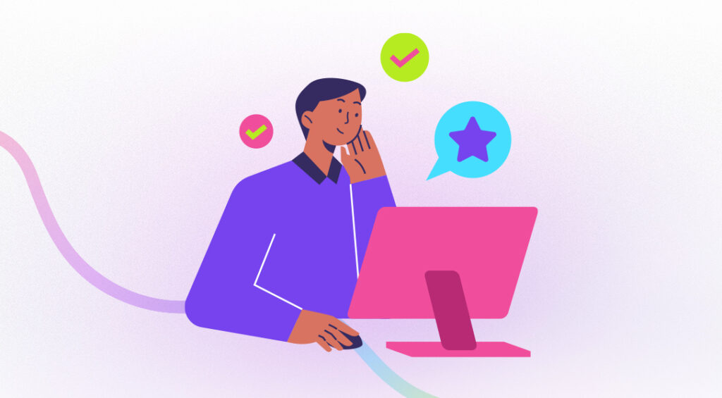 Illustration of a professional working at a desktop computer with checkmarks and a star icon in speech bubbles above, symbolising brand approval and quality control. Represents keeping AI tools aligned with brand voice and standards.