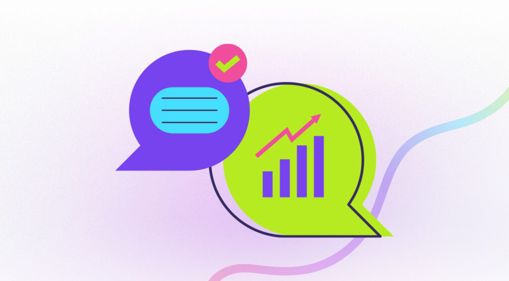 Two overlapping speech bubbles, one purple with text lines and a checkmark, and one green with a rising bar chart and upward arrow, symbolising introducing AI into small business marketing.