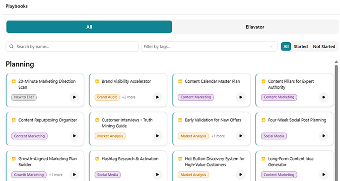 Screenshot of Ella platform, Playbooks